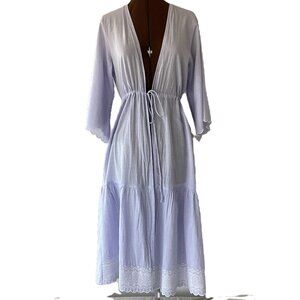 Oysho Blue Cotton Robe with Tiered Skirt, Embroidery